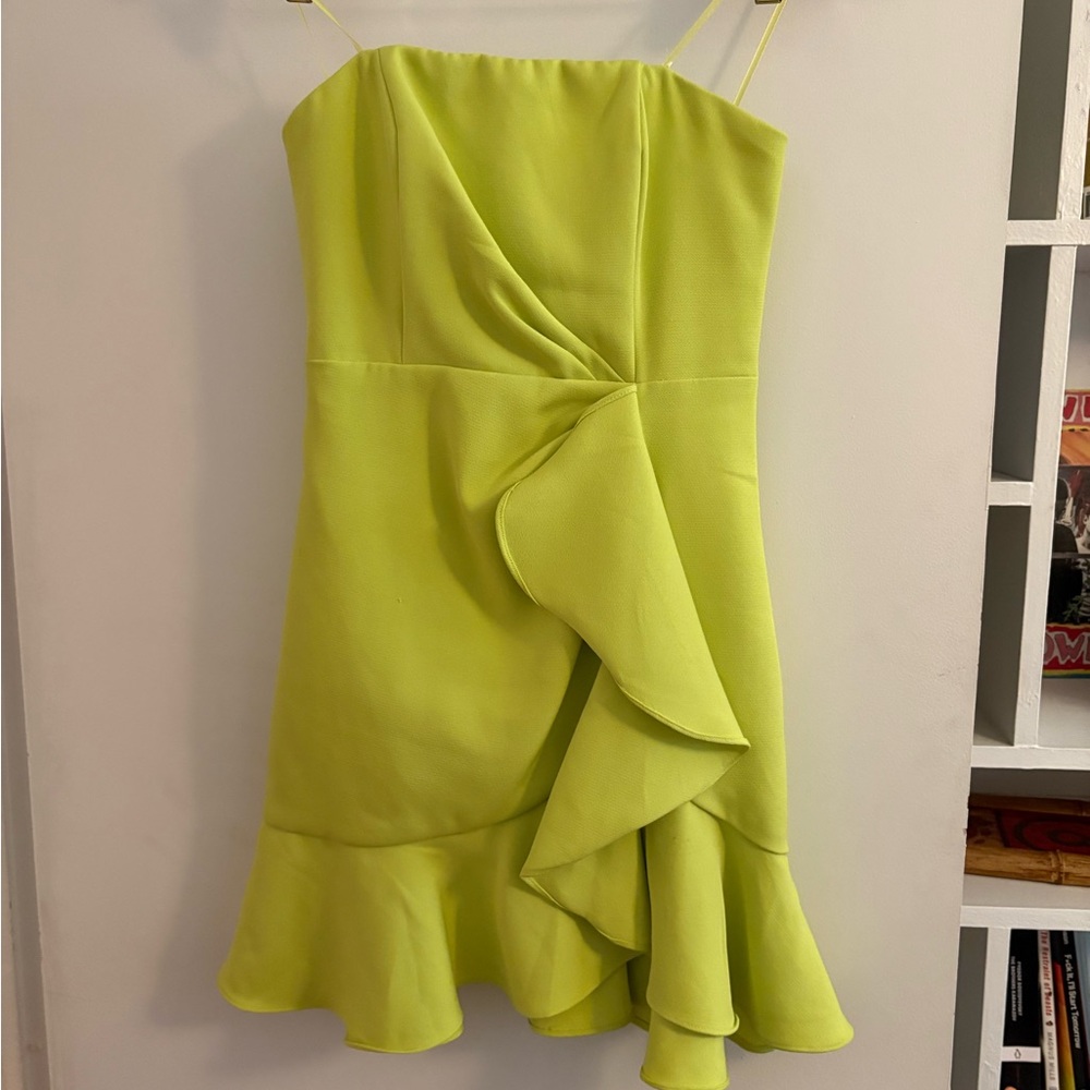 vestique Lime Green Ruffle Strapless Mini Dress